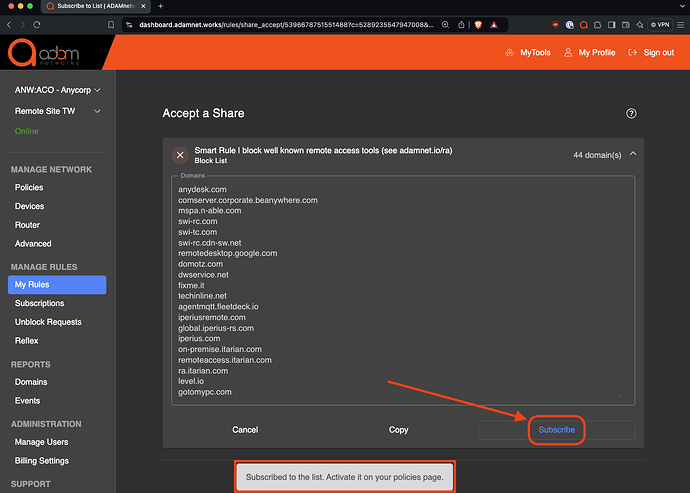 Screenshot: Subscribe to Remote Access Blocklist